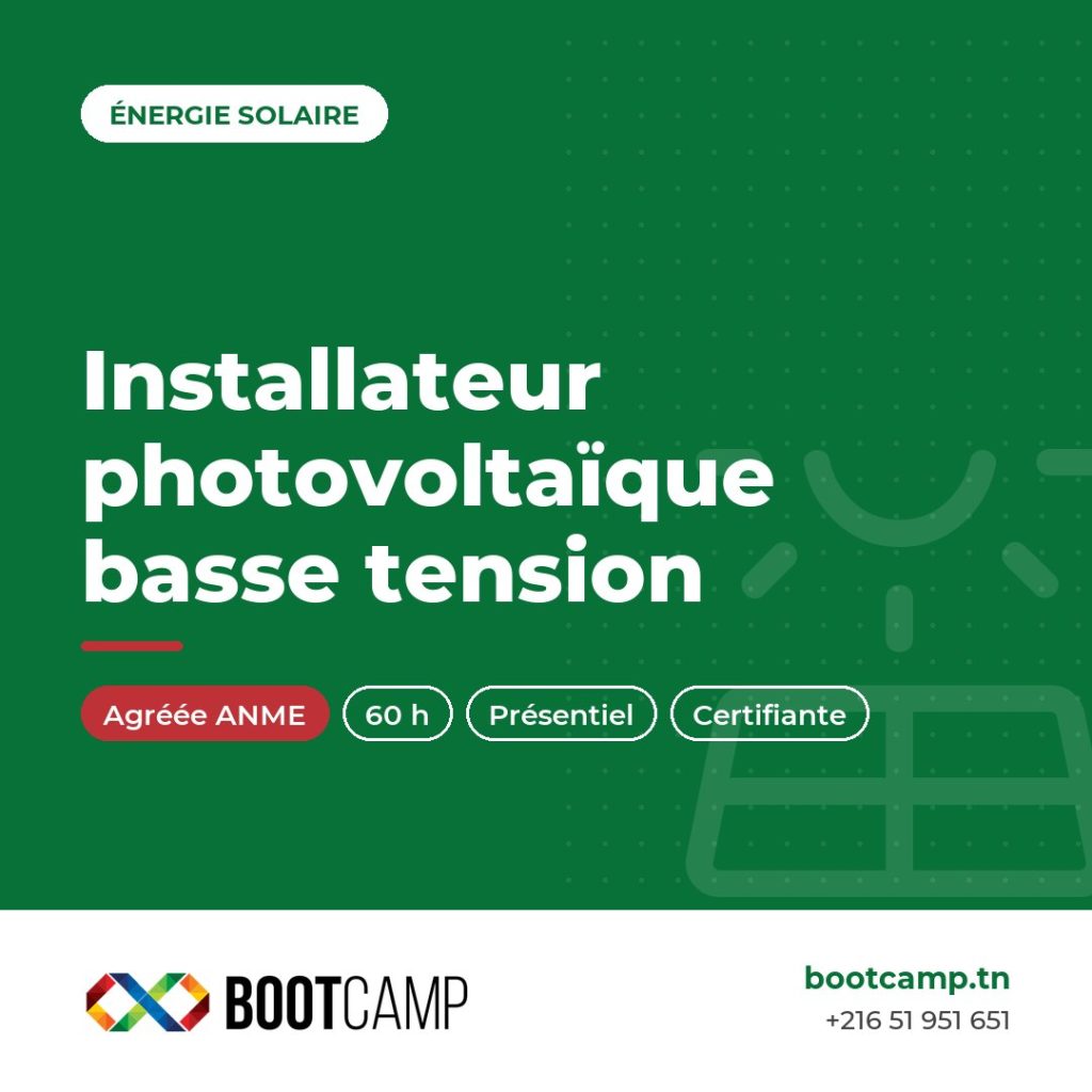 Formation Installateur mainteneur en systèmes photovoltaïques – formation agréée ANME chez BOOTCAMP, centre de formation à Tunis